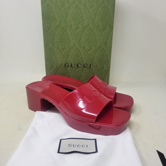 Preowned Gucci Hibiscus Red Rubber Slide Sandals Women's Size US 9/EU 39 w/ Box - Picture 1 of 16